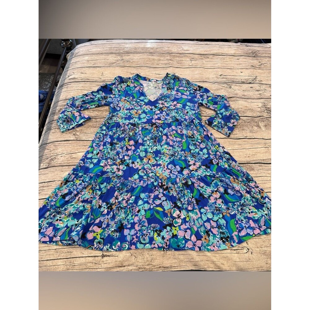 Lilly Pulitzer Blue Floral Tiered V-neck Cotton Dress Size Medium